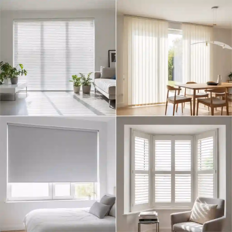 Collection of different blind types - venetian, vertical, roller, and plantation shutters
