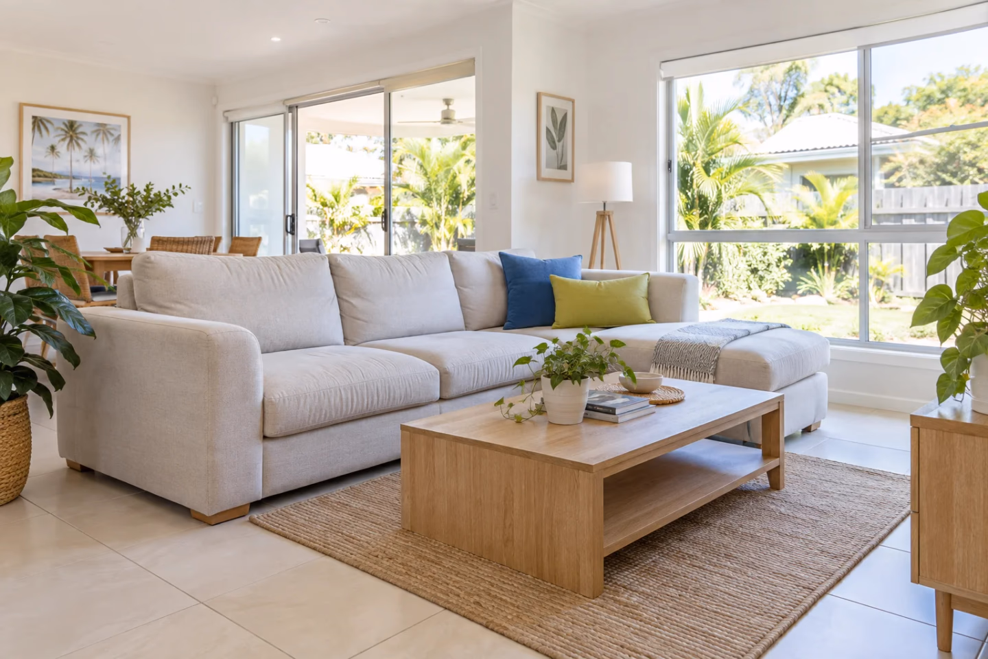 Bright, tidy living room with a neutral sofa, blue and green cushions and clean floors